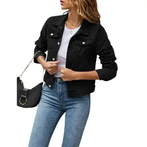 Women's Solid Color Denim Jacket - Casual Long Sleeve Button-Down with Chest Pocket Jean Jacket Basic Womenswear Piece Tops Chic Coats Cotton Everyday