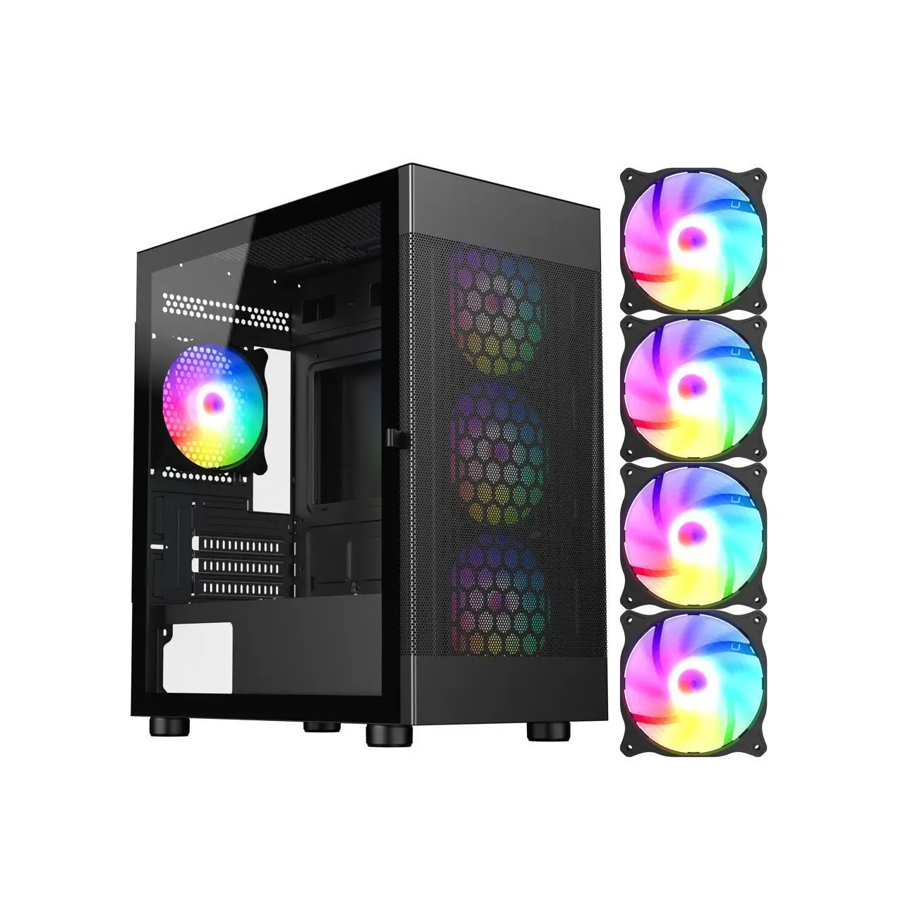 DIYPC ARGB-G5-BK Black USB3.0 Tempered Glass Micro ATX Gaming Computer Case w/ 4 x ARGB Fans (Pre-Installed)
