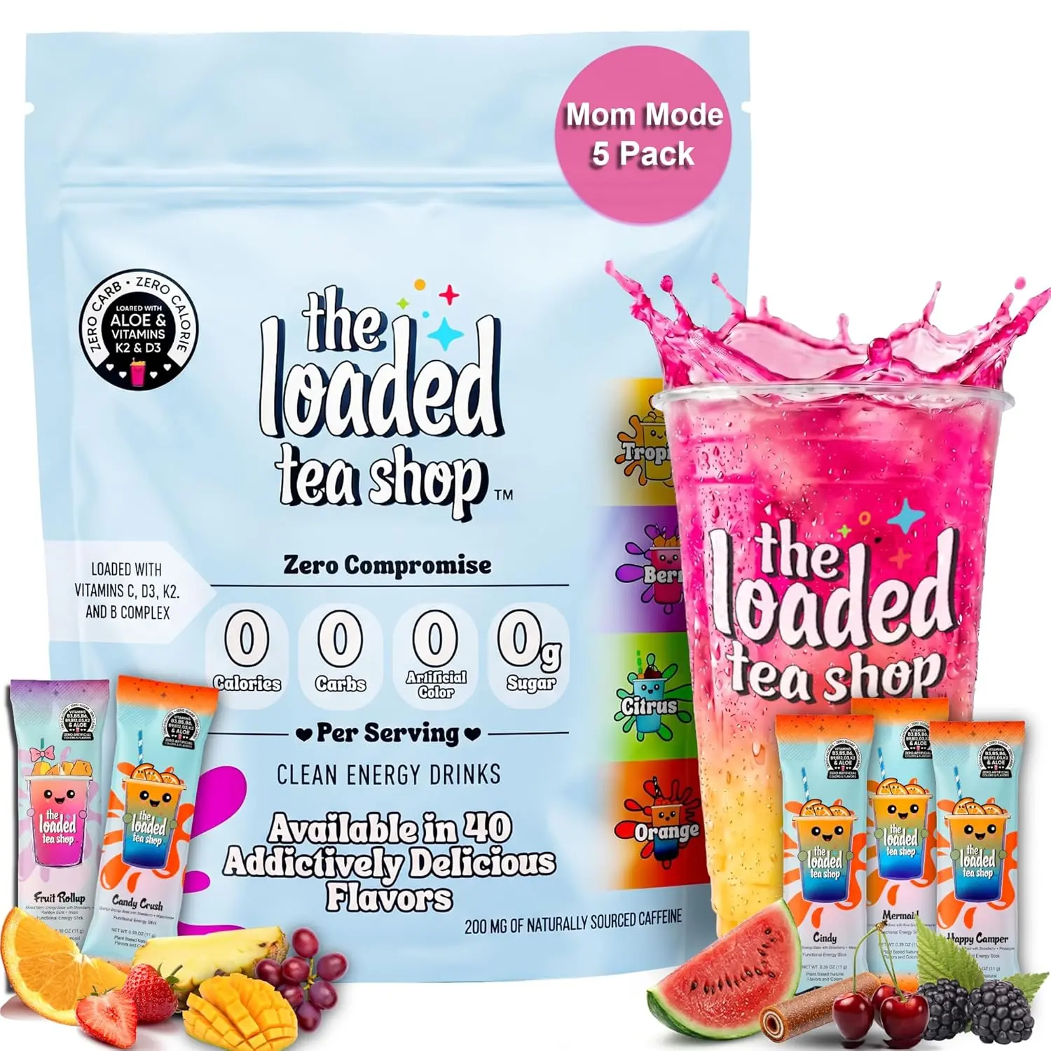 The Loaded Tea Shop Energy Drink Mix Sticks, Mom Mode Collection 5 Pack, Sugar-Free, Zero Calories, 200mg Natural Caffeine, No Artificial Colors/Flavors, Powder Packets w/ B Vitamins - Energy Drink Alternative