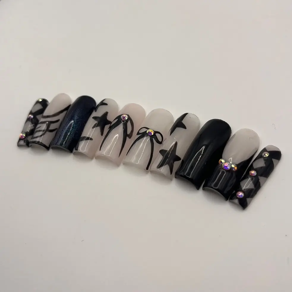 classic black bows press on nails