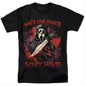 Scream Ghostface 90s Holloween Horror Movie vtg Graphic design T-Shirt, Short Sleeve Crew Neck T-Shir, Fitted, Pull On, Casual