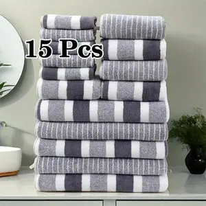 Coral Fleece Bathroom Towel Set, 15pcs/set Including 5 Bath Towels, 5 Hand Towels and 5 Washcloths, Comfortable Absorbent Bath Towels, Suitable for Hotels, Sports, Travel, Fitness, Yoga