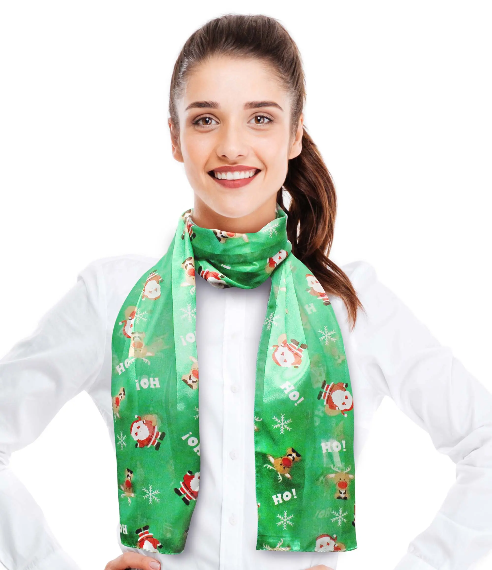 CBC Crown Women's Festive Santa Print Scarf, Lightweight Silk-Feeling Polyester for Christmas & Holidays, 13" x 60", Hand Wash, Festive Motif, Basic, Festive Look
