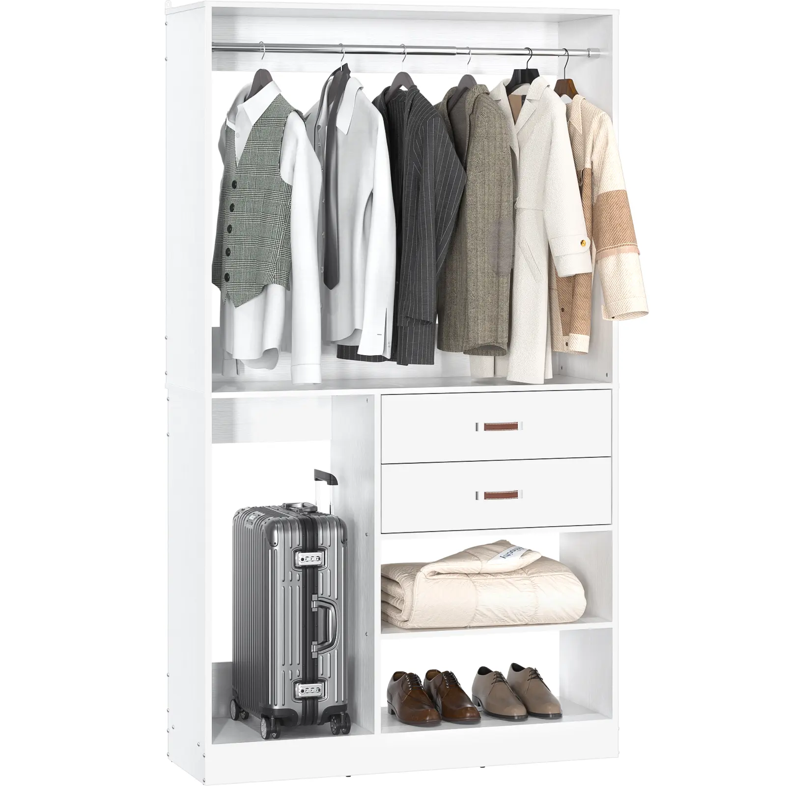 Freestanding Closet System with Suitcase Storage, 40 Inches Stand-Alone Wardrobe with 2 Wood Drawers, 80'' Height Adjustable Cloth Garment Rack, Walk-in Closet with Hanging Rod Organizing