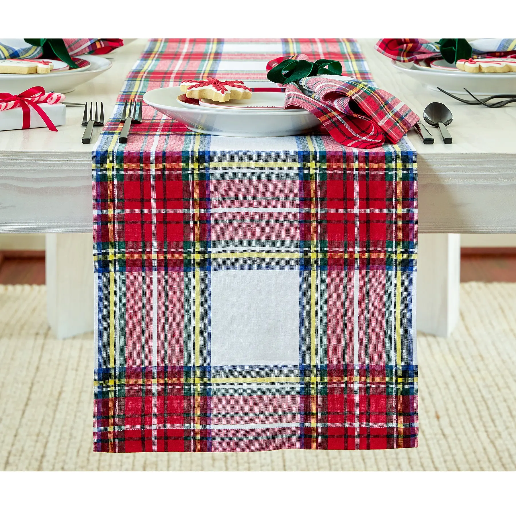 Solino Home Stewart Plaid Pure Linen Table Runner - Bright, Cheery Red-Blue-Yellow Plaid, Ideal for Dining Tables, Holiday Occasions, Coordinates with Placemats
