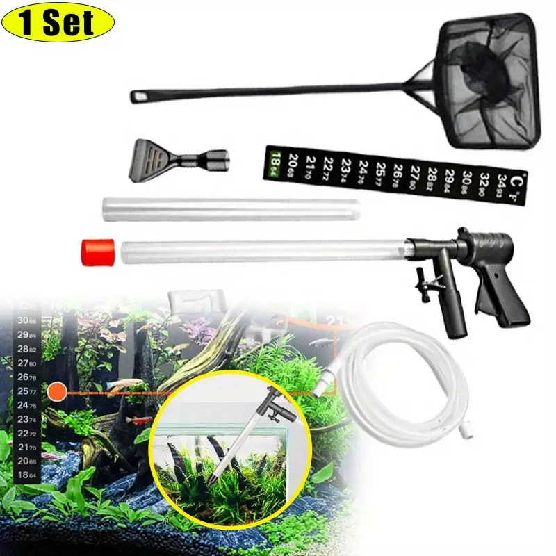 1 Set Aquarium Gravel Cleaner,Vacuum Fish Tank,Vacuum Cleaner Tools for Aquarium Water Changer with Aquarium Thermometers Fish Net Kit Use for Fish Tank Cleaning Gravel and Sand