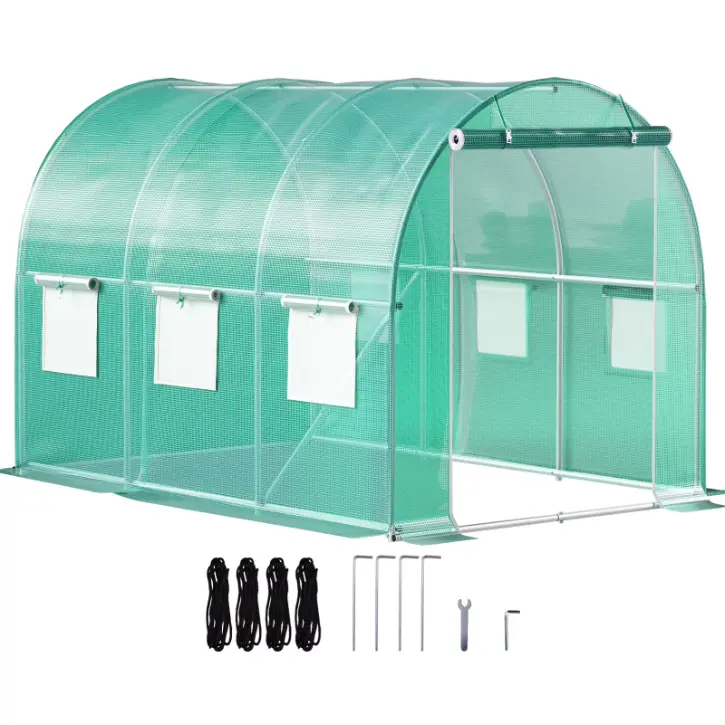 KFFKFF Stroll-in Passage Greenhouse, Dimensions of 10 x 7 x 7 ft, Mobile Plant Warm House equipped with Galvanized Steel Arches, Single Upper Beam, Cross Poles, Zipper Entrance & 6 Retractable Window