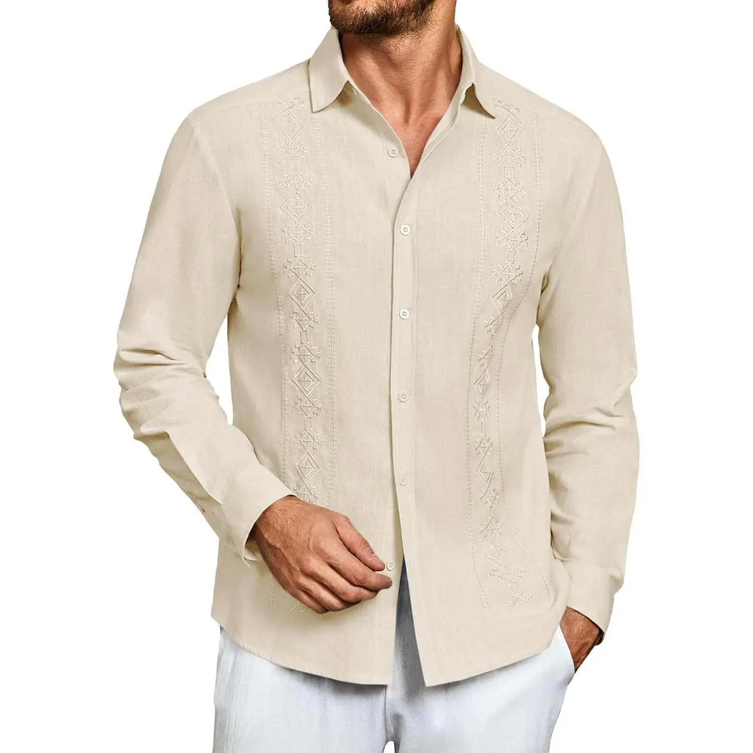 PASLTER Men's Longsleeves Casual Cotton-Linen Button-Down Cuban Guayabera Shirt, Summer Beach Top, Beige Menswear