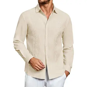 PASLTER Men's Casual Cotton Linen Button Down Shirts Cuban Guayabera Shirt Long Sleeve Summer Beach Tops Menswear Beige