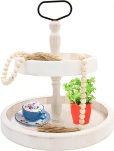 Two Tiered Tray Stand for Home Decor- 2 Tiered Tray Decor with Beads for Home, Kitchen and Studio- Wood Tiered Tray and Organizer for a Variety of Decor Items- Tier Tray Stand for Eatables and Decor Racks Wooden