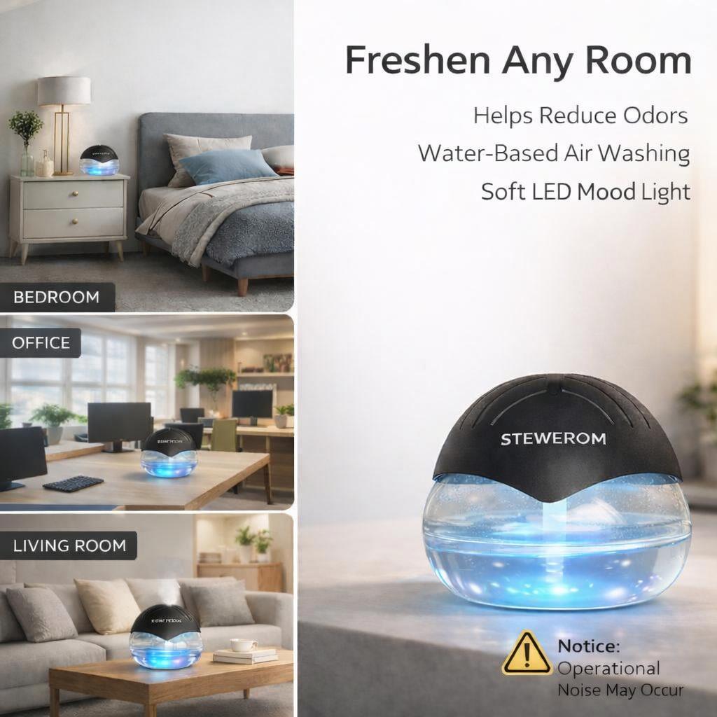Stewerom Water-Based Air Purifier & Air Washer, Essential Oil-Free Air Freshener with 7-Color LED Mood Light for Home, Office & Room, Air Revitalizer Diffuser
