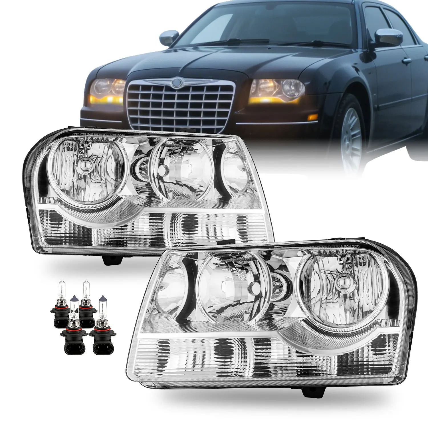 Halogen Headlight Kit, Car Lights Assembly with Bulbs - DOT & SAE Certified, Waterproof High/Low Beam Pair Replacement for 2005-2010 Chrysler 300 4-Dr Sedan Trims