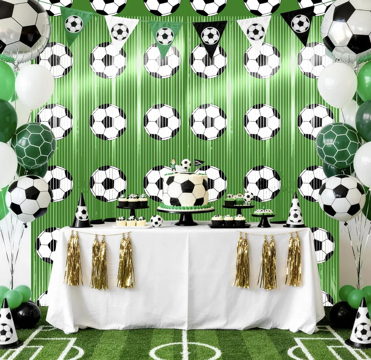 2-Pack Soccer Fringe Curtain Backdrop Green Tinsel Foil Soccer Party Decorations for Birthday, Photo Booth & Game Day Events