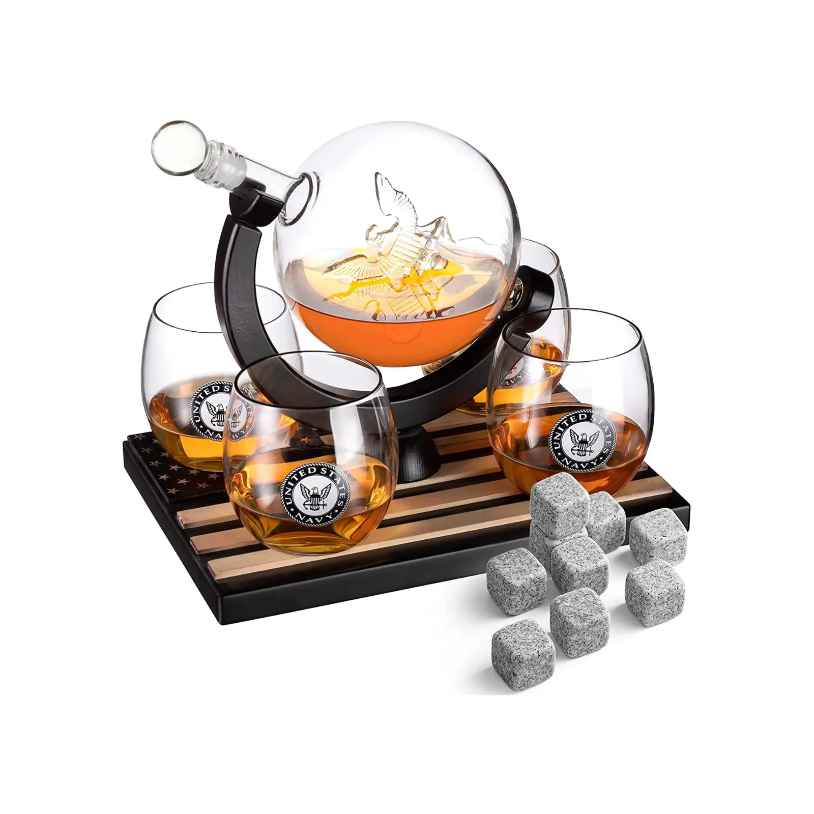 US Navy Globe Decanter Set With 4 Liquor Glasses Premium Barware Gift