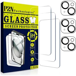 P2N Screen Protector & Camera Lens for iPhone 15 (6.1 inch) – 9H Tempered Glass, Case-Friendly, HD Clarity, Scratch Resistant, Anti-Fingerprint, Bubble-Free Install (3+3 Pack)