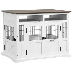 PawHut Dog Crate Furniture Side End Table with Storage, 41" Modern Wooden Dog Kennel Furniture with Double Doors for Small and Medium Dogs, White
