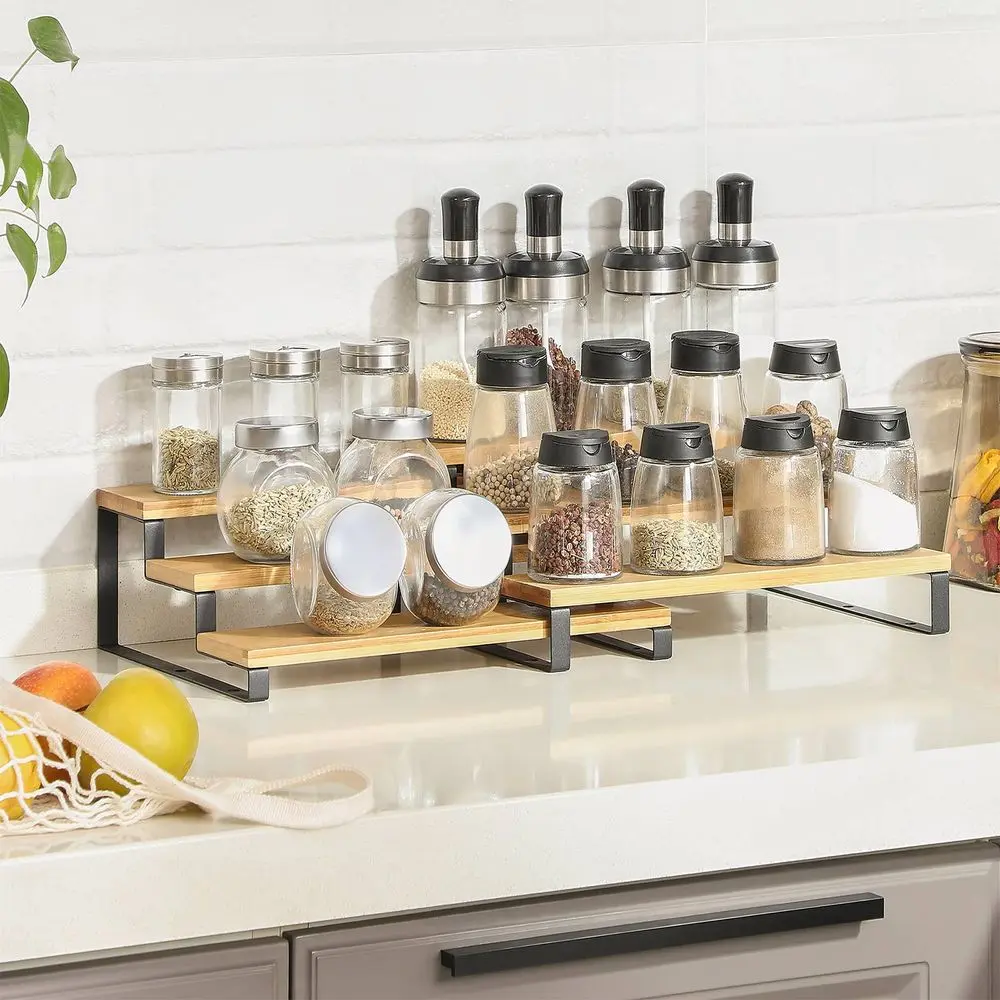 SONGMICS 2-Piece Adjustable Storage Shelf Organizers, Bamboo Rack for Kitchen Display, Home Supplies Storage Holders & Racks, Display Storage Rack