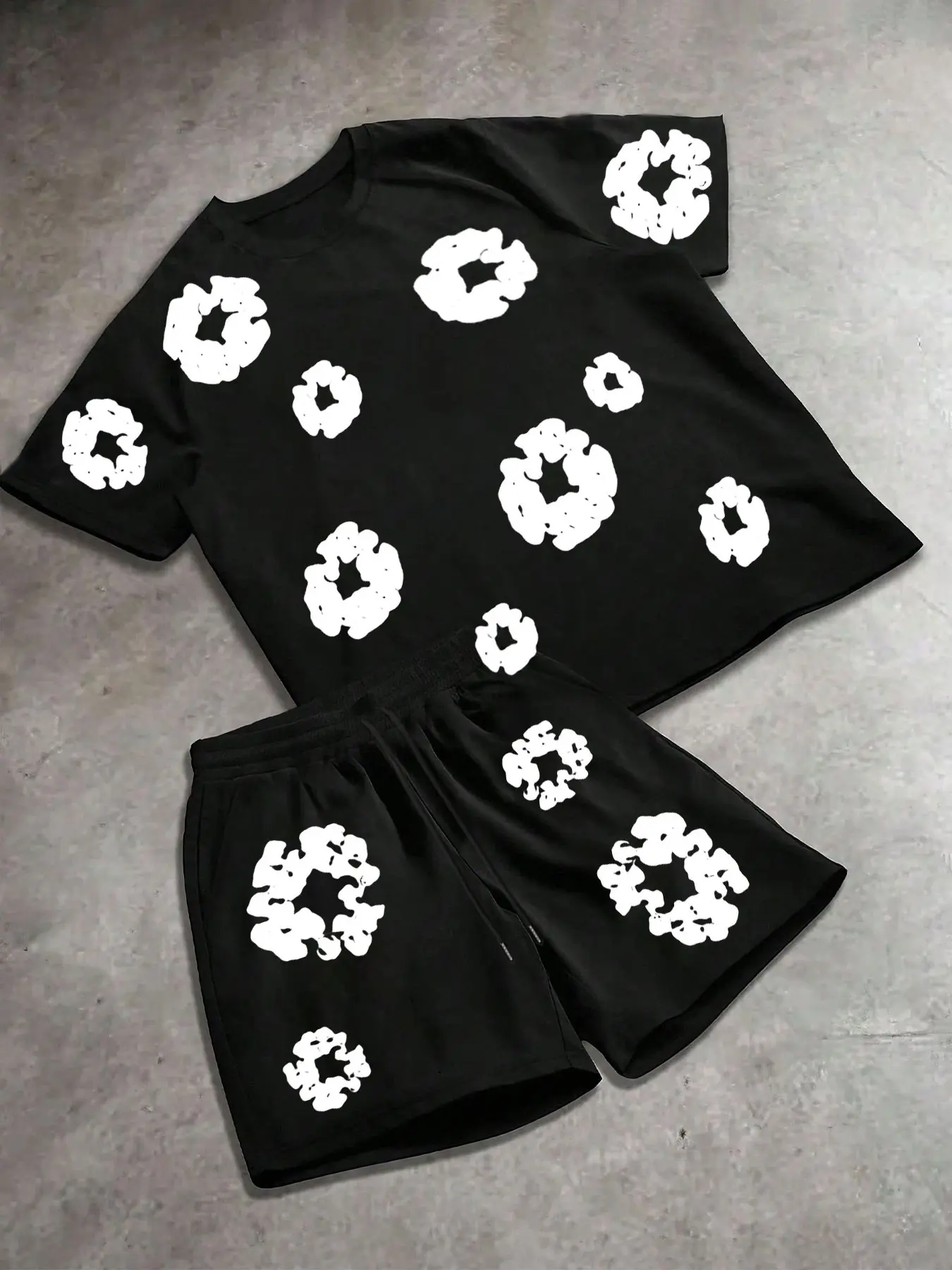 Men's Summer Loose Short Sleeve Round Neck T-Shirt & Shorts Matching All Season Set Clothes, Gothic Floral Graphic Print, Casual Comfort, Street Style, Two-Piece, Menswear