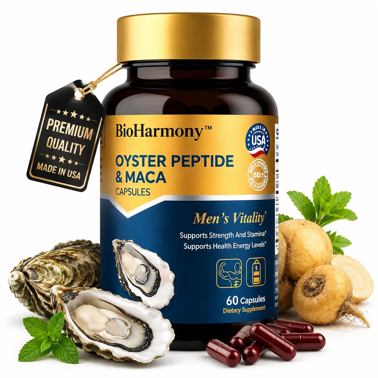BioHarmony Green Men’s Energy Capsules - Oyster Peptide & Maca Extract, Herbal Non-Stimulant Caffeine-Free Lifestyle Workout Nutrition Supplement, Fitness Endurance Support, 60-Count Daily Supplemental Nutrition & Cellular Vitality Aid, Workout Supplement