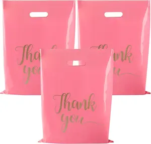 100 Pack Thank You Bags for Small Business, 12 x 15 Inch Plastic Shopping Bags with Handles Retail Merchandise Bag Extra Thick  Bag Bulk (Pink)
