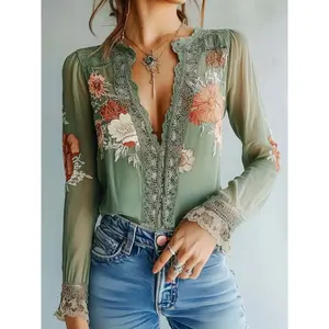 Women's Bohemian sexy lace patch deep V-neck high-quality embroidered printed pullover, elegant and fashionable topRAIMENTRY