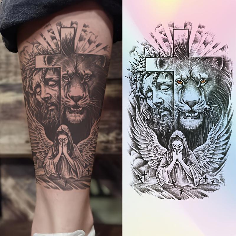 (6 temporary tattoo stickers, including 2 item and 4 random designs)Waterproof Realistic Lion Angel Arm Tattoo Stickers Easy Apply Durable cohesive tattoos temporary tattoos