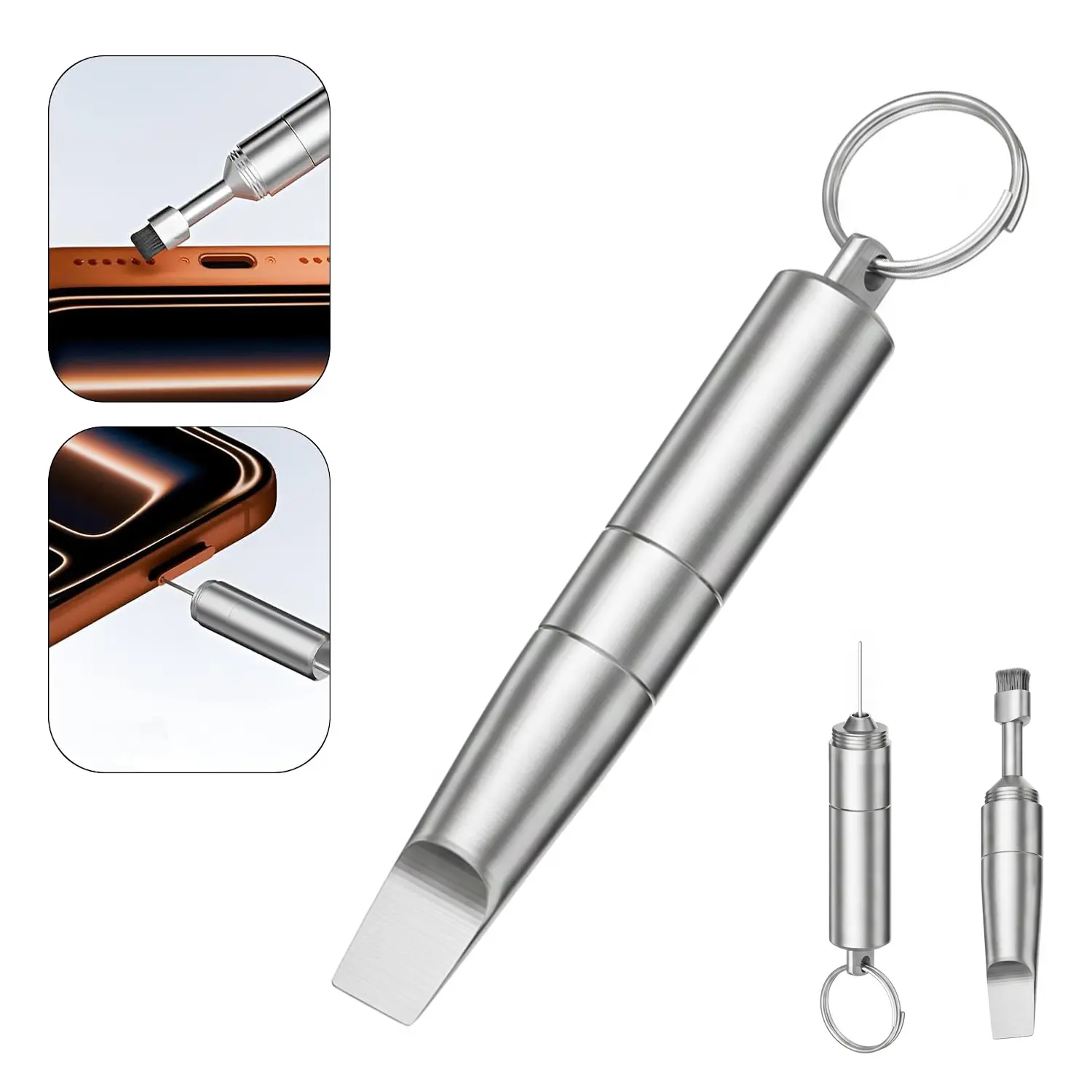 3-in-1 Stainless Steel EDC Keychain Tool - SIM Card Ejector Pin, High-Density Soft Cleaning Brush, Mini Flathead Screwdriver - Portable Multi-Function Gadget for Phone Charging Port, Box-Opening