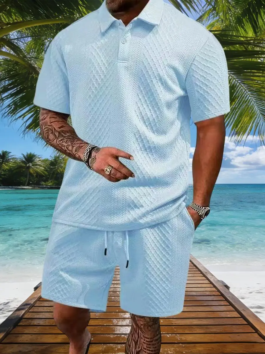 Men's Preppy 2-Piece Set, Plain Textured Woven Fabric Shortsleeve Lapel Polo Shirt and Shorts, Loose Fit Casual Holiday Outfit, No