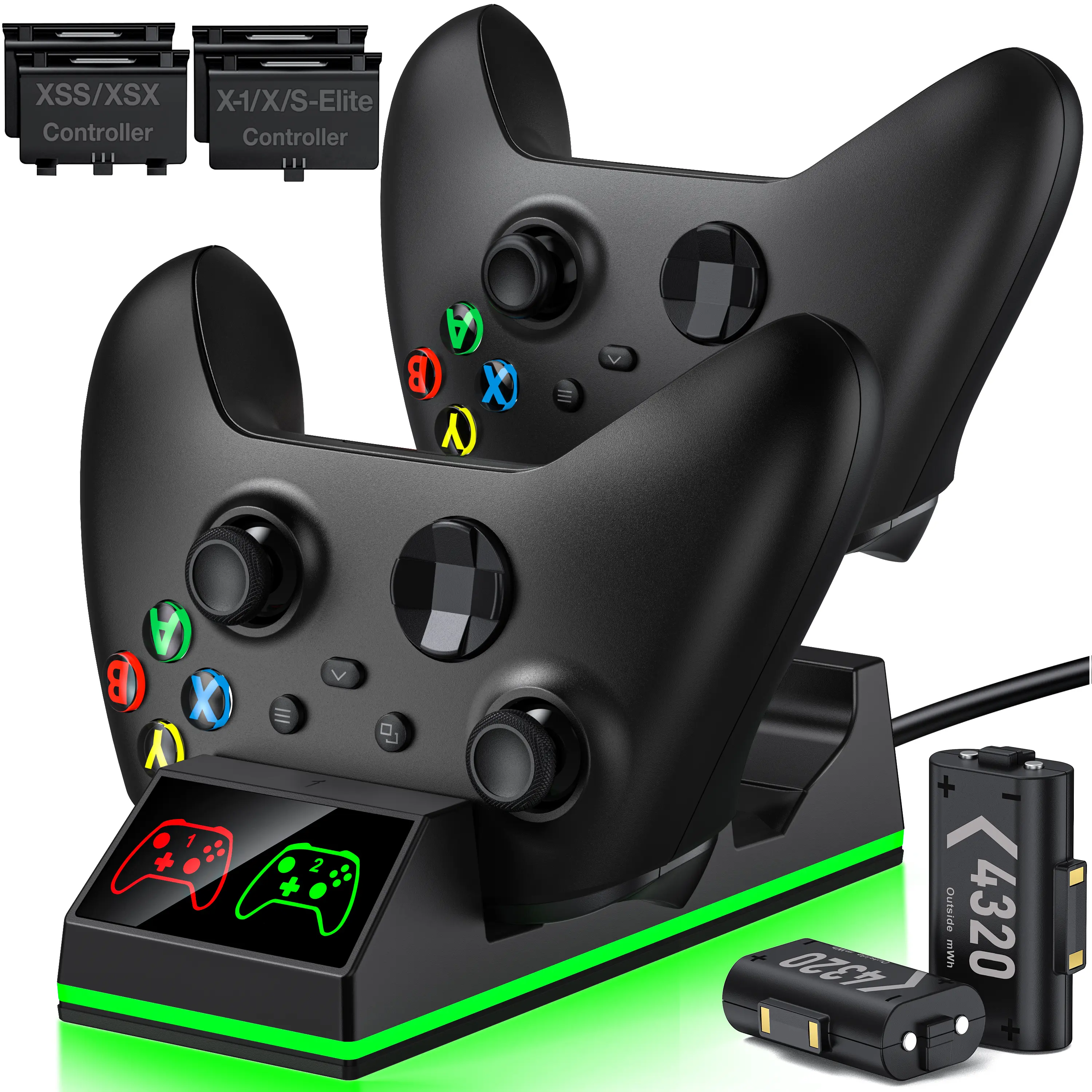 ESYWEN Dual Charger for Xbox One X/S/Elite Xbox Series X/S Wireless Controller 2X4320mWh Rechargeable Battery Pack for Xbox One Gamepad