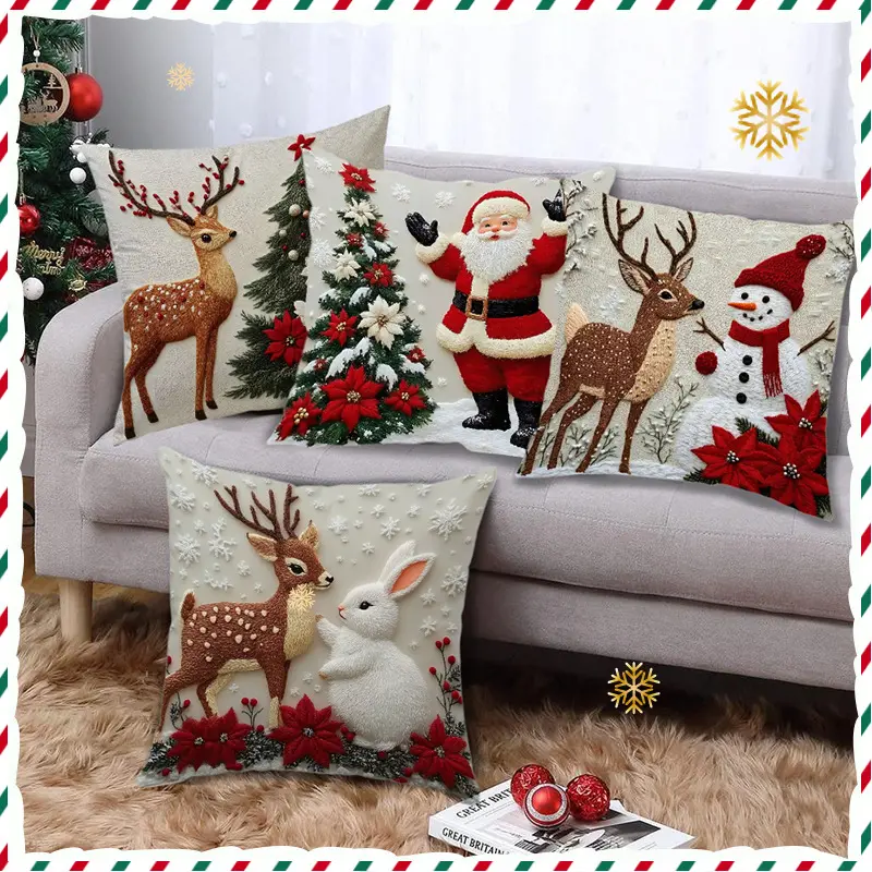 Indoor Christmas Short Plush Throw Pillow Set of 4 - Santa-Claus, Reindeer, Bunny Animals - Home & Party Festive Decor Supplies, Set Of Four