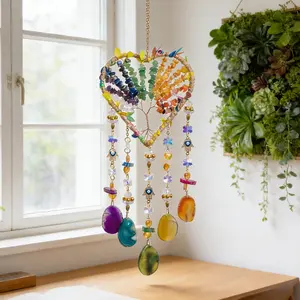 Crystal Heart Suncatcher - Tree of Life Design with Natural Agate Pendant, Decorative Outdoor Indoor Decor Hanging Rainbow Maker for Windows, Garden & Office, Birthday Gift, Heart Shaped Ornaments, Wall Hanging Ornament, Decorative Hanging Piece