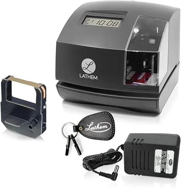 Lathem 1600e Time Clock Punch Machine & Document Stamp with Tru-Align Cards, Multifunctional Timekeeping System for Payroll and Project Tracking, Charcoal Gray