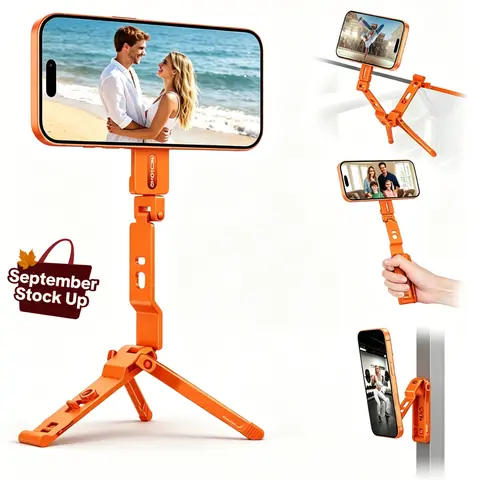 OMOTON TP03 Aluminium Folding Cellphone Tripod Stabilizer - Magnetic Snap-on N52 Magnet Hold Smart Selfie Mount, 360° Head Rotation, 1/4 Screw Hole, Hanging Hook, Lightweight Compact Accessory (Beach) - Black, Manufacturer Warranty