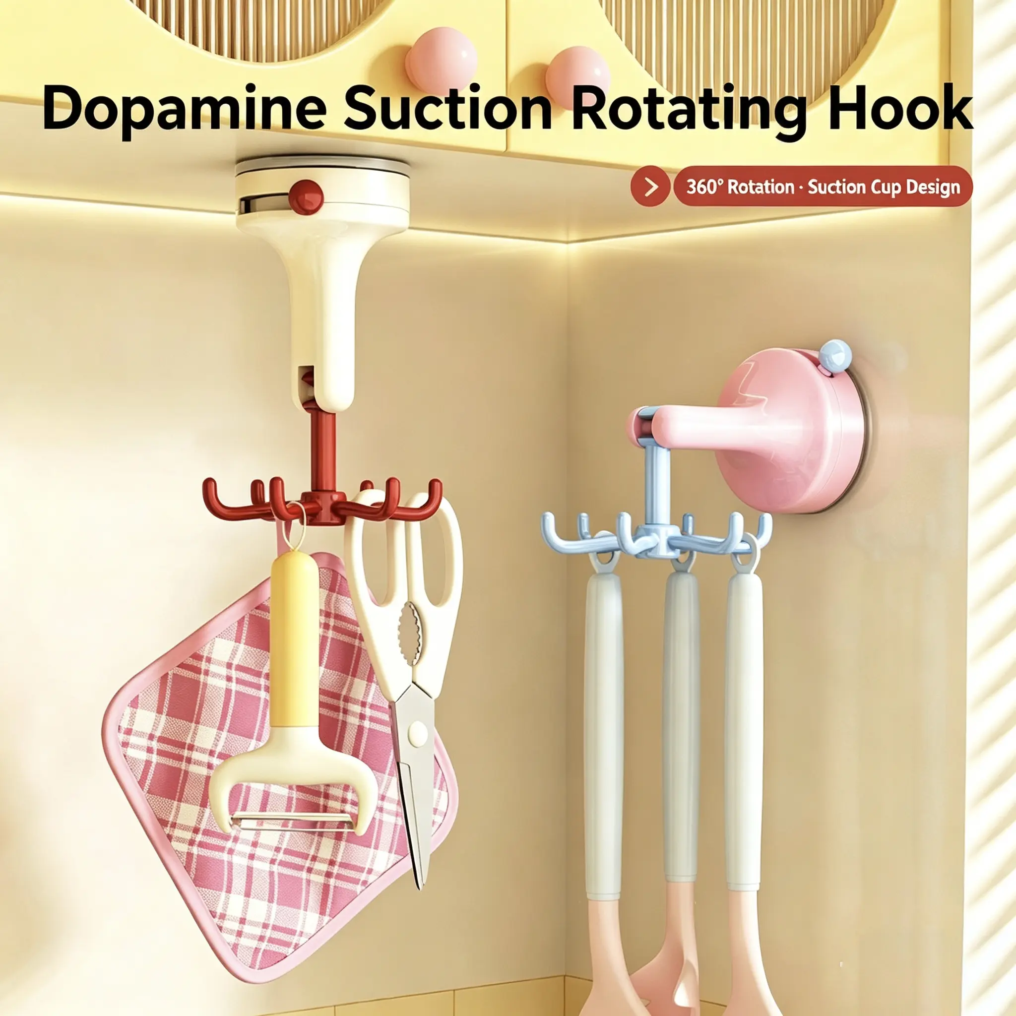 Dopamine Color Suction Cup Rotating Hook 360 Degree Swivel Kitchen Utensil Hanger Waterproof Removable Reusable Wall & Ceiling Mount Multi Prong Hook For Bathroom Kitchen Organizer Storage