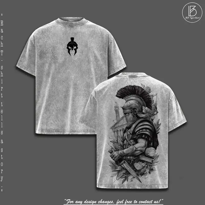 Spartan Warrior - Vintage Washed Graphic Tee Oversized Tshirt Men Streetwear Heavy Cotton Fall Outfits Clothes Men Retro Style Historical Graphic T-Shirt Roman Gladiator Armor Art Vintage Tees Trendy T-Shirts Gift for Men