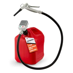 DeWay Fuel Transfer Pump for Gas Can with Manual Hand Trigger Nozzle | Fast 2.4GPM Flow Rate, 51” Heavy Rubber Hose, 4 AA Battery Power & 3 Adapters for Gasoline, Kerosene, Diesel & Non-Potable Water