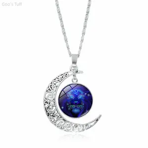 Neon Moon Glass Cabochon Zodiac Necklace, 12 Constellation Horoscope Pendant with Adjustable Chain, Mystical Celestial Spiritual Women Jewelry, Ideal Birthday Gift for Daily Wear