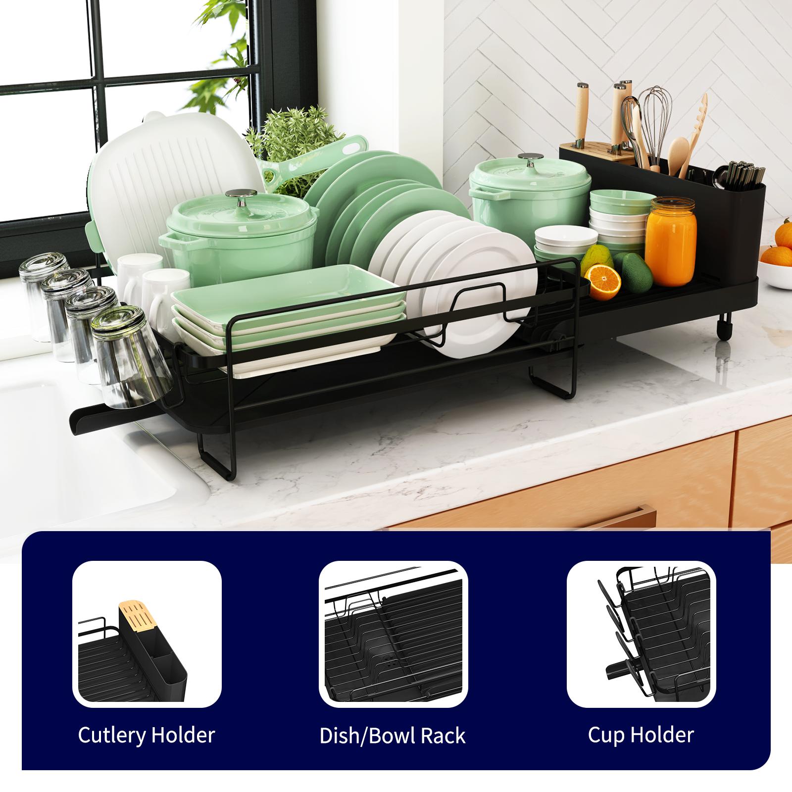 Black Expandable Dish Drying Rack Over Sink, Adjustable Iron Spray Coated Dish Rack with Drainboard, Large Capacity Kitchen Organizer for Plates Bowls Utensils, Space Saving Sink Rack Storage Holder