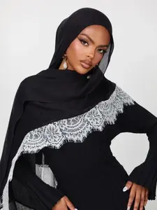 1pc Embroidered Edge Long Scarf Hijab for Women, Soft Fabric Comfortable Wear, Breathable Hijab with Contrast Lace and Geometric Print