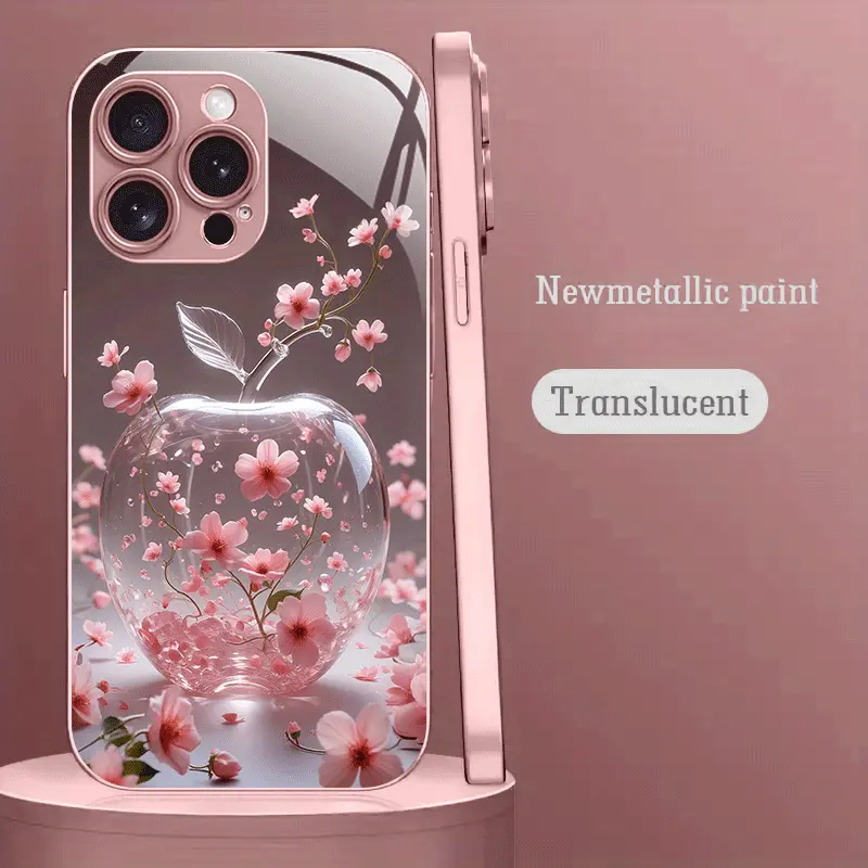 Pink Cherry Blossom Apple Pattern Pink Metallic Paint Tempered Glass Hard Phone Case, Suitable for iPhone 17/17 Pro/17 Pro Max/17 Air/16/16 Pro/16 Pro Max/16 Plus/15/15 Plus/15 Pro/15 Pro Max, 14/14 Plus/14 Pro/14 Pro Max, 13/13 Pro/13 Pro Max, 12/12 Pro/