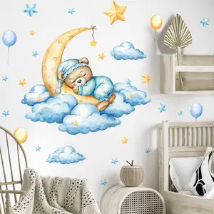 Cartoon Bear & Moon Pattern Luminous Wall Sticker, 3 Counts/set Self Adhesive Wall Decal, Decorative Sticker for Home Bedroom Living Room, Space Theme Design