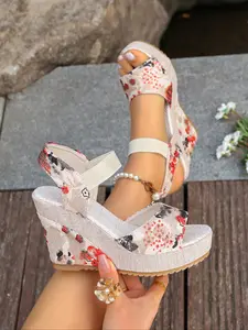 Women's Thick Sole Wedge Sandals, Ethnic Style Fabric Shoes, Comfortable & Stylish Footwear for Women, Perfect for Daily Wear