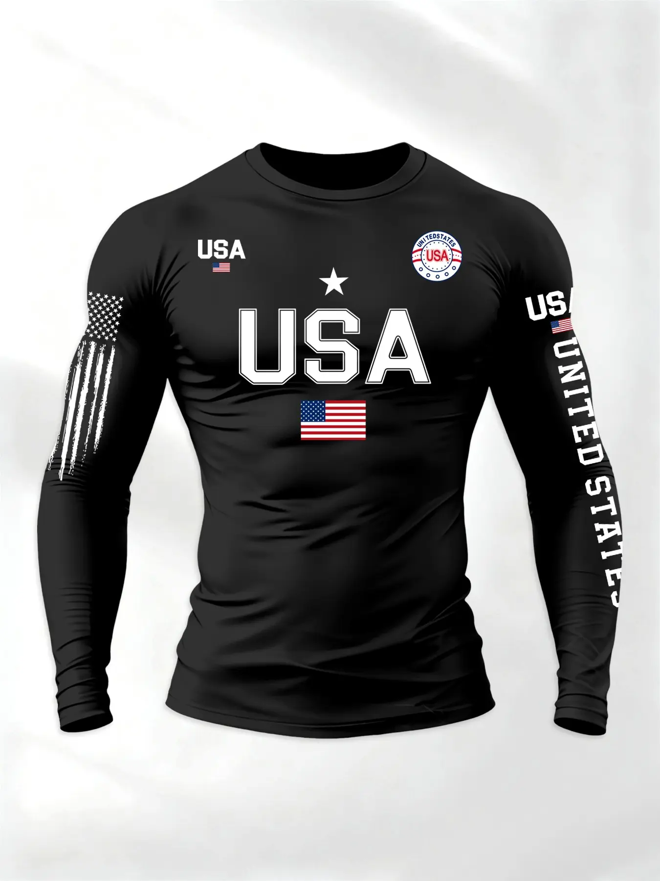 Men's Round Neck American Theme Letter Flag Long Sleeve Athletic Shirt Activewear, Casual Fitted Regular Fit Spring & Fall T-Shirt, Men's Knitwear Daily Wear
