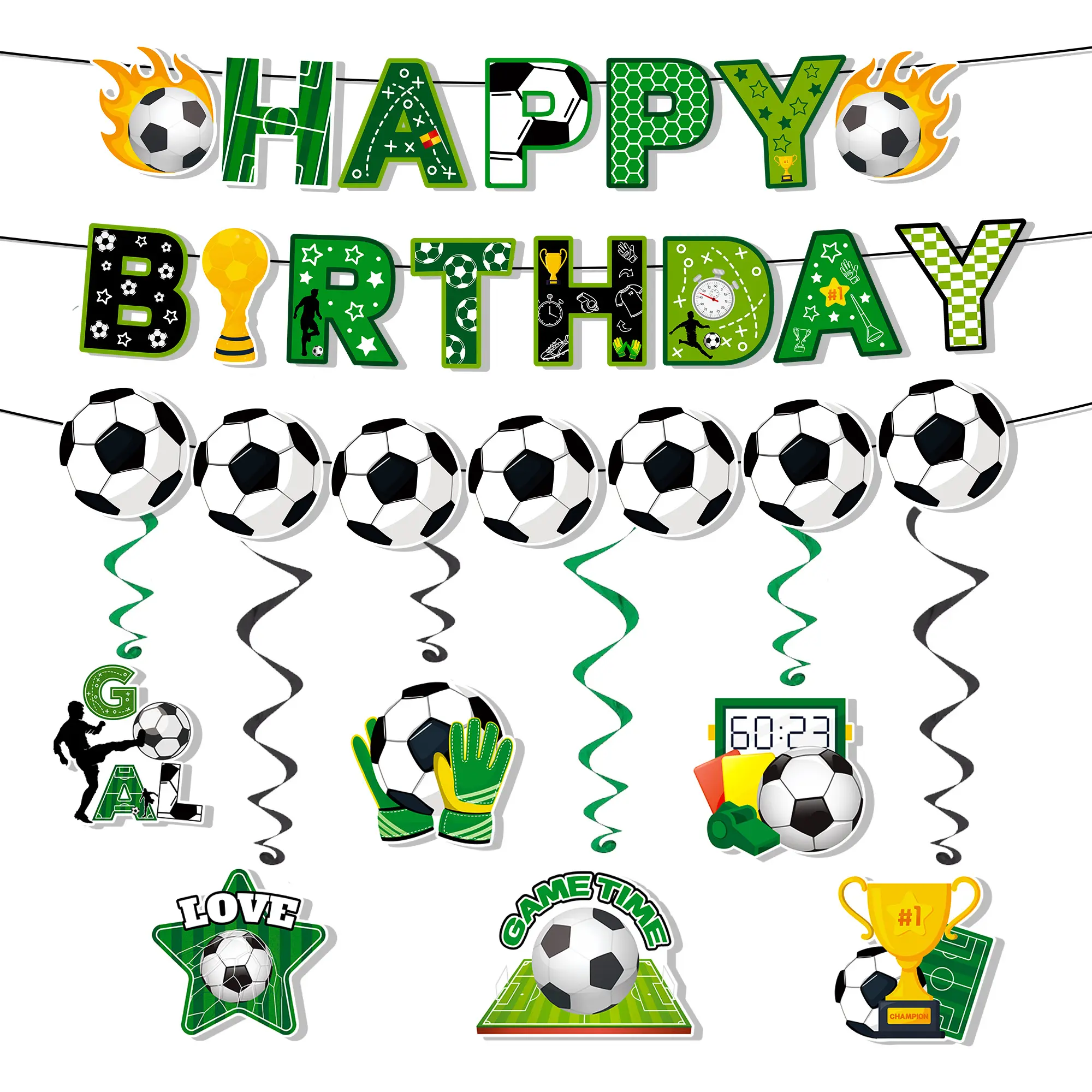 Soccer Hanging Swirl, 8 Pcs Soccer Birthday Party Decorations Set, Happy Birthday Soccer Banner, Soccer Themed Hanging Foil Swirls, Soccer Garland for Soccer Birthday Party Supplies
