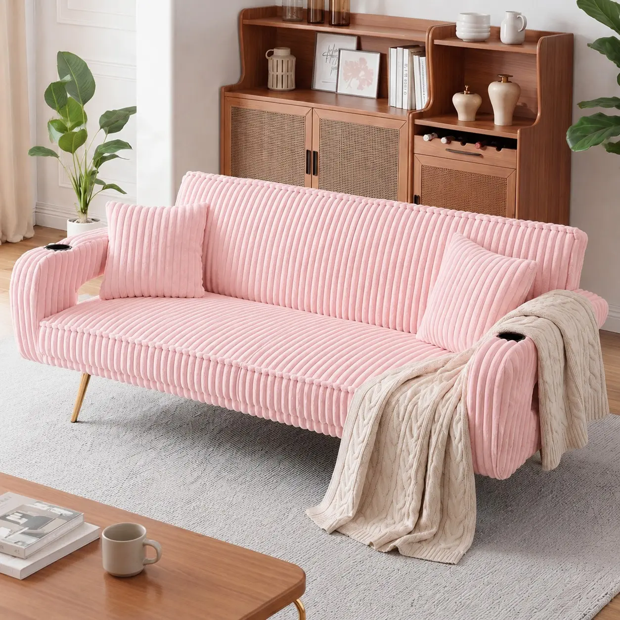 Littleox 74.01 Inch Minimalist Straight Corduroy Sofa Bed with Matching Pillows, 3 Position Adjustable Convertible Sleeper Couch, Multi-Color Optional Foldable Guest Sofa for Living Room & Study Room