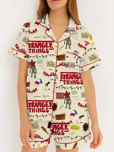 Stranger Things Women's Pajama Set, Pjs, Matching Pj Set, Two-Piece Fitted Button Front Short Sleeve Print Top and Shorts, Casual Home Wear Loungewear, Comfortable Party Sleepwear