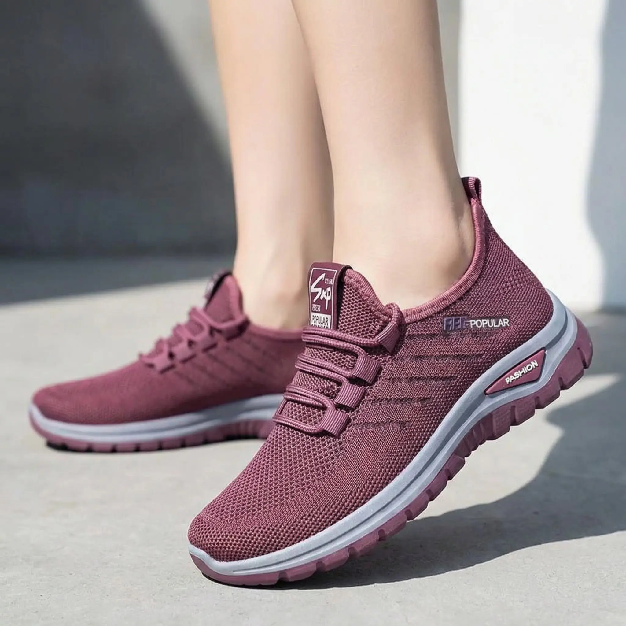 Women Breathable Knit Mesh Walking Shoes Lightweight Wide Toe Slip On Sneakers, Soft Cushion Non-Slip Casual Daily Walking Trainers for Outdoor Travel, Women's Sneakers, Fabric