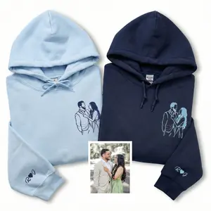 Custom Embroidered Portrait Outline From Photo Hoodie - Matching Couple Hoodie, Family Sweater, First Year Anniversary Gift, Birthday, Mother's Day Gift