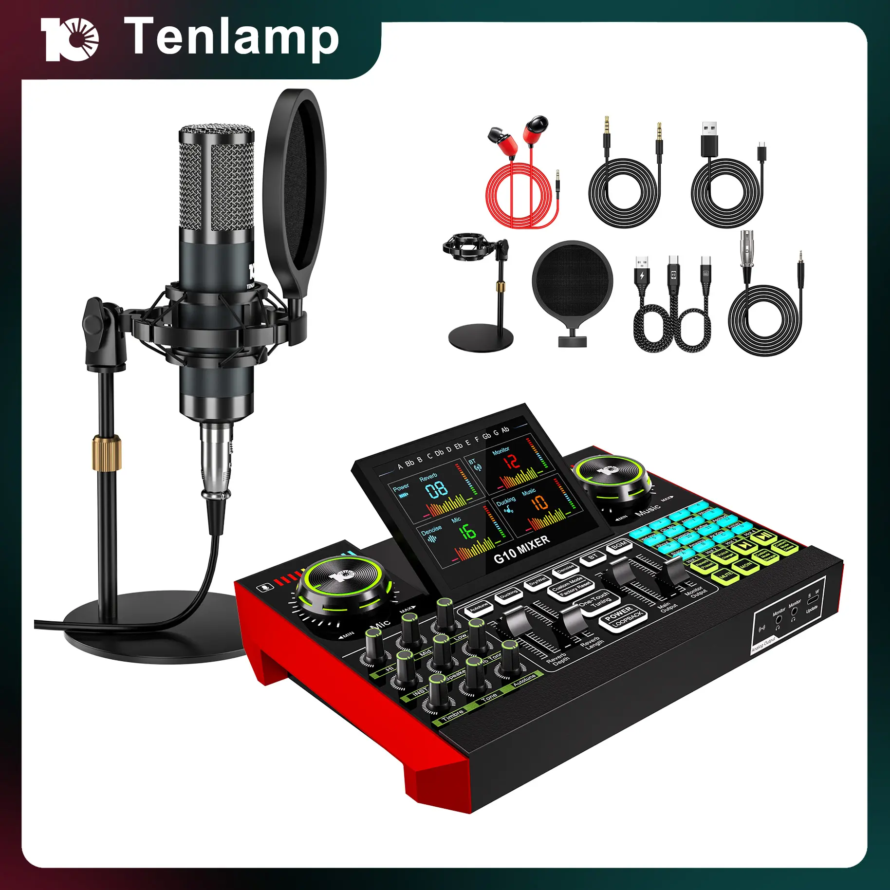 Tenlamp G10-BM800 USB Audio Mixer - ABS Cordless Dual Noise-Canceling Sound Card, Condenser Microphone for Live Streaming, Podcast Studio Equipment (Smartphone-Compatible)