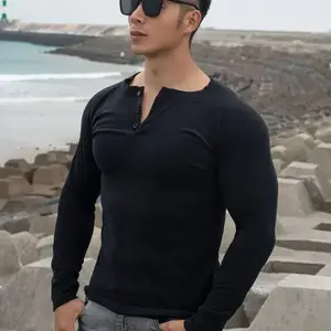 Men's Ribbed Henley Shirt Short Sleeve Slim Fit Muscle Shirt Fitted Cotton Casual Long Sleeve